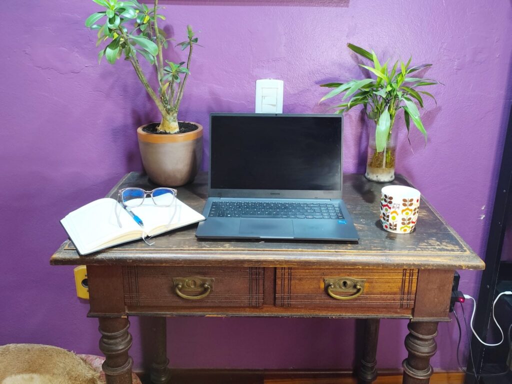 Mesa de madeira rústica com notebook e plantas em frente a uma parede roxa, com um cachorro descansando ao lado